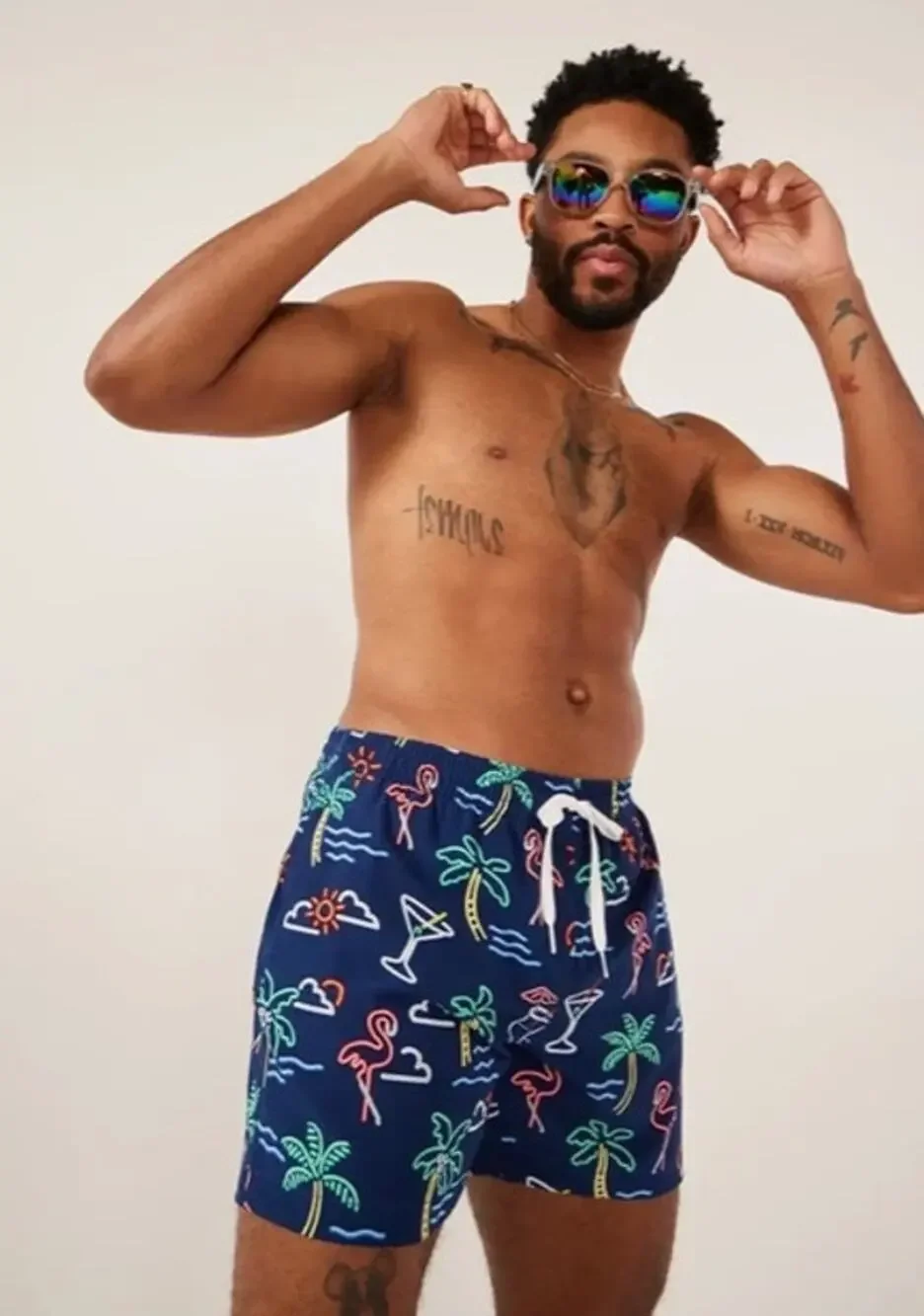 Chubbies Neon Flamingo Palm Tree Swim Trunks Men’s Large Blue